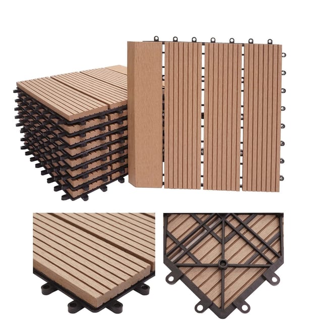 WPC Bodenfliese Sarthe + Abschluss, Holzoptik Balkon/Terrasse, 11x je 30x30cm = 1qm Premium ~ teak linear senkrecht
