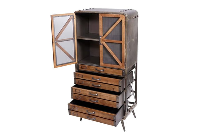 Hochschrank MCW-F91, Apothekerschrank Wohnzimmerschrank, Industrial Tanne Holz Metall 128x60x33cm, braun-schwarz