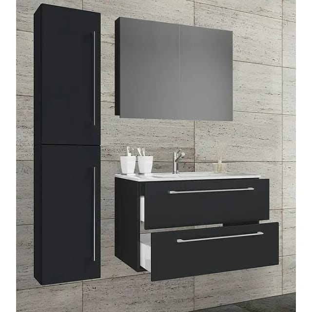 VCM 4-tlg. Waschplatz Waschtisch Waschbecken Unterschrank Breite 60 cm Badmöbel Set mit Schubladen Drehtüren Spiegelschrank Badinos