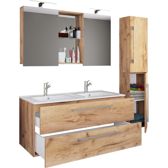 VCM 4-tlg. Doppel Waschplatz 2x Waschtisch Badmöbel Set mit Unterschrank, Waschbecken, Hochschrank und Spiegelschrank Doppelwaschbecken Komplettset Budasi SC
