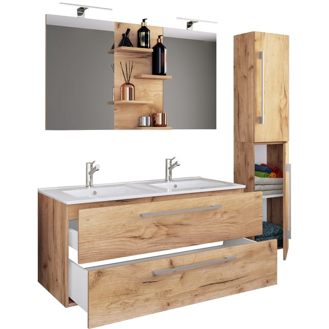 VCM 4-tlg. Doppel Waschplatz 2x Waschtisch Badmöbel Set mit Unterschrank, Waschbecken, Hochschrank und Spiegel Doppelwaschbecken Komplettset Budasi SP