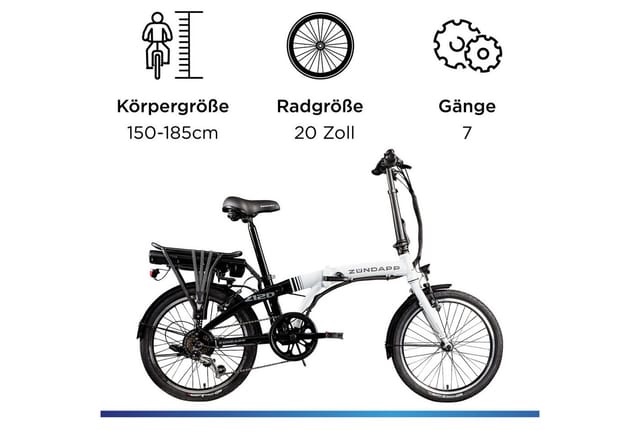 Zündapp Z120 20 Zoll E Bike Faltrad für Damen Herren 150 - 185 cm E Klapprad schwarz weiß