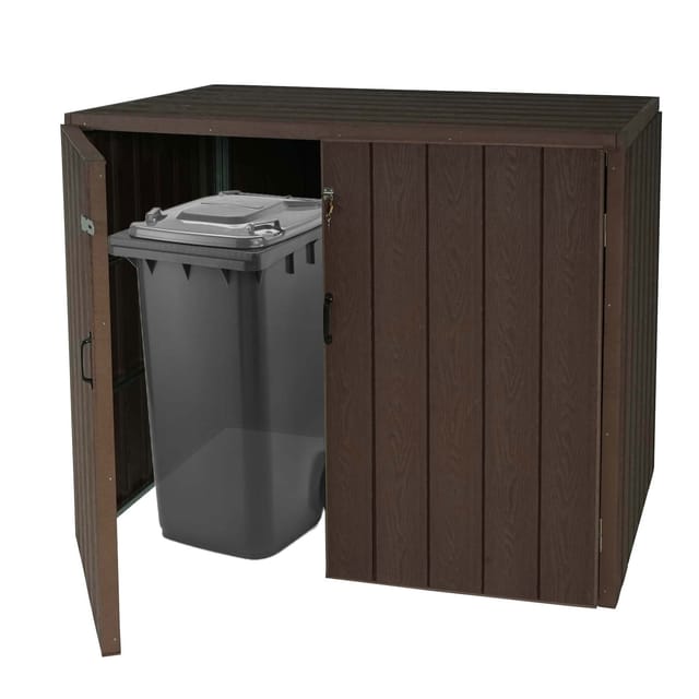 2er WPC-Mülltonnenverkleidung MCW-J28, Premium Mülltonnenbox, Metall Holzoptik, erweiterbar ~ braun