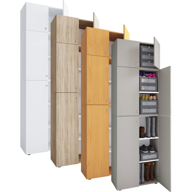 VCM Holz-Schuhschrank Maße: H. 223 x B. 70 x T. 39 cm Allzweckschrank 5 Fächer 4 Drehtüren Aufsatz mit 2 Türen– Lona