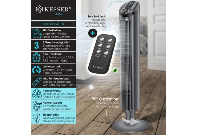 KESSER Turmventilator FERNBEDIENUNG Ventilator LED Display Standventilator Klimaanlage