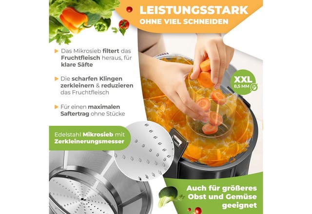 KESSER® Entsafter für Obst und Gemüse aus Edelstahl 1100W große 85 mm Einfüllöffnung inkl. Reinigungsbürste und Saftbehälter 3 Geschwindigkeitsstufen, Saftpresse Juicer