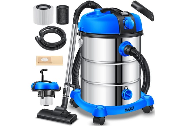 MASKO® Industriestaubsauger, Nass Trockensauger HEPA, 3 in 1 Filtersystem, 58 l/s Werkstattsauger mit Steckdose, 2300W, 30L, Industriesauger mit & ohne Beutel, Filter + Aufsätze, Push&Clean
