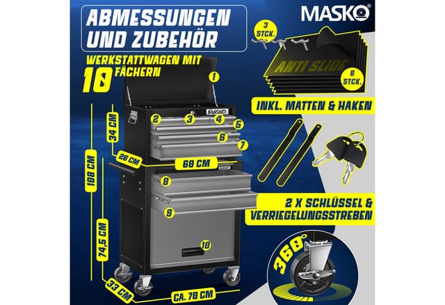 MASKO® Werkstattwagen inkl. Koffer - 9 Fächer Abschließbar Massives Metall, Werkzeug-Wagen ohne Werkzeug, Rollwagen zur Werkzeugaufbewahrung mit Schloss