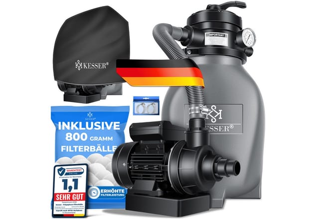 KESSER® Sandfilter Sandfilteranlage + 800g Filterbälle ersetzen 25kg Filtersand- Poolfilter 10 m³/h Filteranlage Filterkessel für Pool Schwimmbecken 4-Wege Ventil , einfache Steuerung
