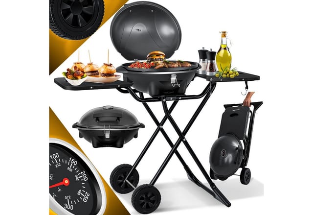 KESSER® elektrischer Elektrogrill 2in1 Tischgrill - Standgrill mit Deckel und Standfuß max. 2400 Watt Faltbar Thermometer Antihaftbeschichtung Grillplatte Abstelltische 2 Räder