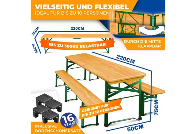 KESSER® Bierzeltgarnitur 3 teilig Gartenmöbel-Set Klappbar 170 x 46 x 75cm 2X Bierbänke 1x Biertisch Festzeltgarnitur Biertisch Stehtisch Sitzgarnitur Holz 12-teiliges Bodenschoner-Set