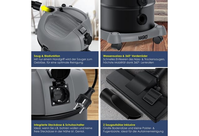MASKO® 6IN1 Industriestaubsauger Staubsauger Nass Trocken Sauger Aschesauger 2300W + Steckdose ? Blasfunktion ? Trocken-Saugen & Nass-Saugen Industrie-Sauger mit & ohne Beutel beutellos