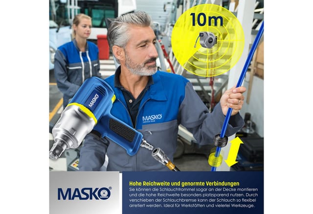 MASKO® Automatik Druckluftschlauch Aufroller – Schlauchtrommel mit 1/4" Anschluss, Schlauchaufroller, Wandhalterung, Tragegriff, 180° schwenkbar, Schlauchbremse, vormontiert & sofort einsatzbereit