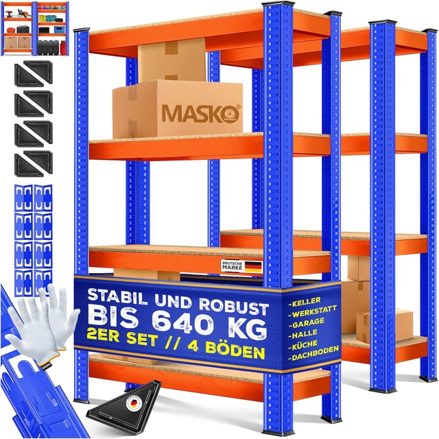 MASKO® 2er-Set Lagerregal Schwerlastregal, Kellerregal, verstellbare Ablagen, MDF-Platten Regal aus Metall, Steckregal, Werkstattregal, Keller, Garage