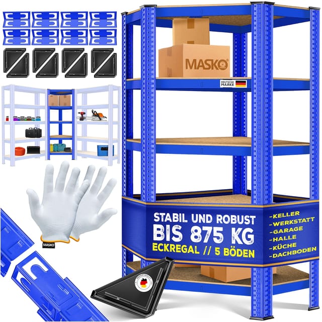 MASKO® Eckregal Lagerregal Schwerlastregal, Kellerregal, 180x75x40cm , bis 875 kg, 5 verstellbare Ablagen, MDF-Platten Regal aus Metall, Steckregal, Werkstattregal, Keller, Garage