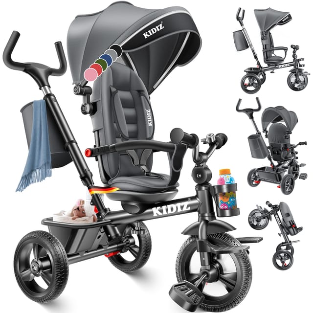 KIDIZ® Dreirad 5in1 Kinderdreirad mit Schubstange Lenksystem Stange ab 1 Jahr vorwärts und Rückwärtsfahrt Jogger , Korb Tasche Getränkehalter Sonnendach Gummiräder, Buggy Fahrrad Baby Klappbar