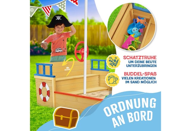 KIDIZ® Sandkasten Ahoi - Piratenschiff Boot Segelschiff aus Holz Inkl. Abdeckung, Bodenplane, Sitzbank, Flaggenmast, Sandspielzeug Große Kinder Sandkiste für den Garten Outdoor Sandbox