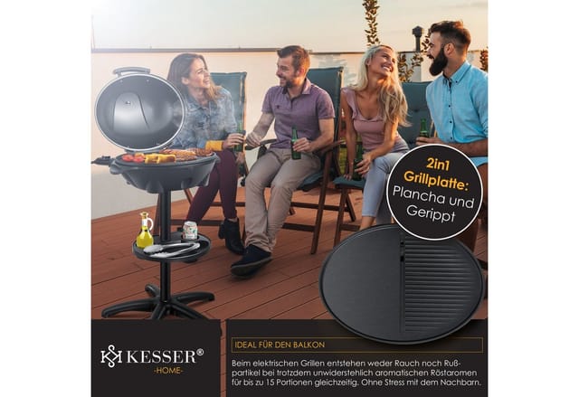 KESSER® elektrischer Elektrogrill 2in1 Tischgrill - Standgrill mit Deckel Standfuß max. 2400 Watt Thermometer Antihaftbeschichtung XXL Grillplatte integrierte Ablagefläche Elektro-Säulengrill
