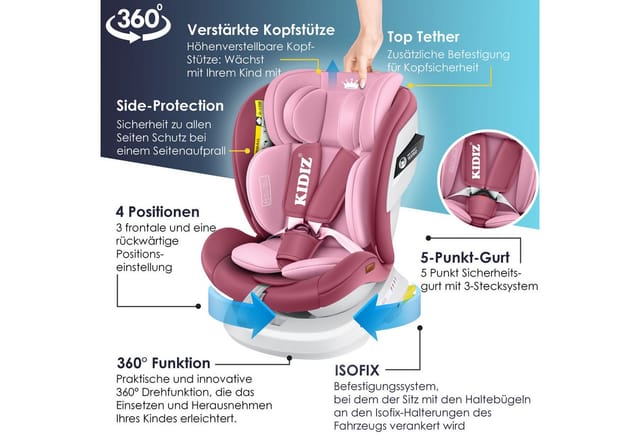 KIDIZ® Kindersitz Autositz Kinderautositz Baby Isofix Top Tether 360° drehbar i-Size Gruppe 0/1/2/3 ab Geburt -12 Jahre + Sonnenschutzdach Seitenschutz 5 Punkt Gurt Kopfstützenverstellung ECE R129