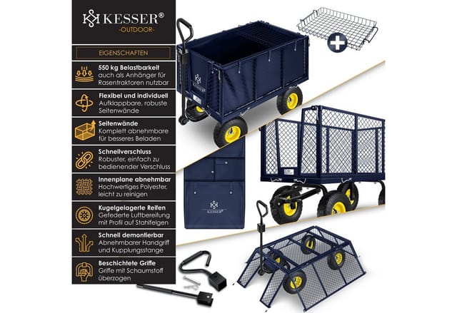 KESSER® Bollerwagen 550kg belastbar Gartenwagen Transportwagen Gartenkarre herausnehmbare Plane Gerätewagen Handwagen vielseitig einsetzbar inkl. Handschuhe