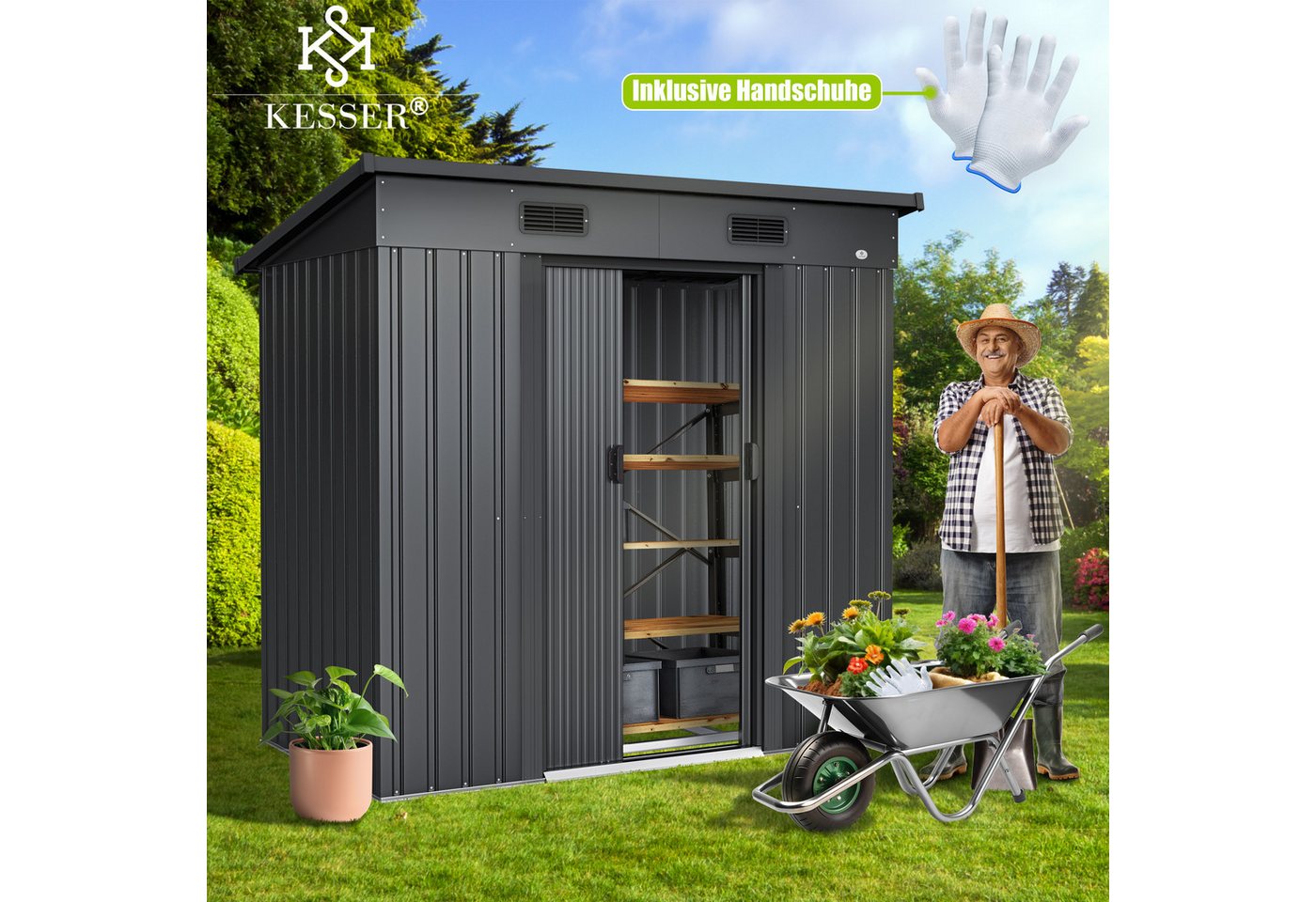 KESSER® - Gerätehaus L Metall 4 m³ mit Fundament 194x112x181 cm 2x Schiebetür & Fundament Geräteschuppen Gartenhaus Schrank Pultdach Garten Schuppen Inkl. Arbeitshandschuhe