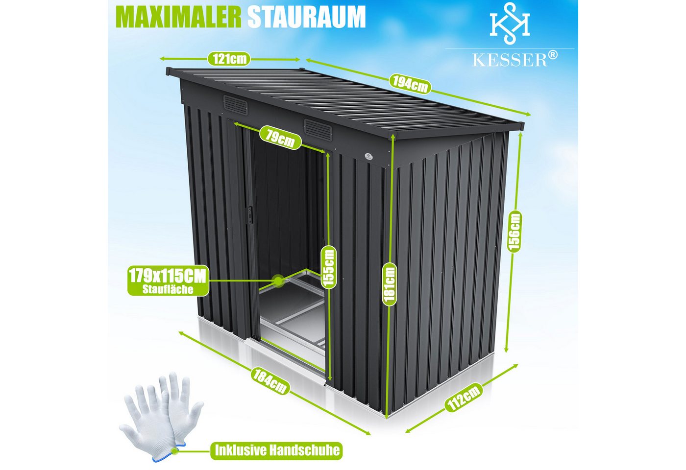 KESSER® - Gerätehaus L Metall 4 m³ mit Fundament 194x112x181 cm 2x Schiebetür & Fundament Geräteschuppen Gartenhaus Schrank Pultdach Garten Schuppen Inkl. Arbeitshandschuhe Bild 2