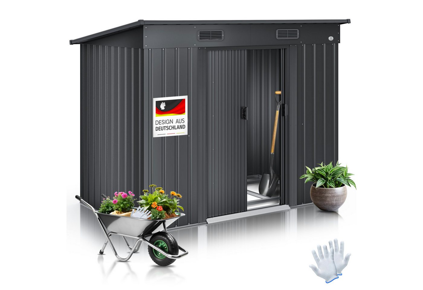 KESSER® - Gerätehaus L Metall 4 m³ mit Fundament 194x112x181 cm 2x Schiebetür & Fundament Geräteschuppen Gartenhaus Schrank Pultdach Garten Schuppen Inkl. Arbeitshandschuhe Bild 3