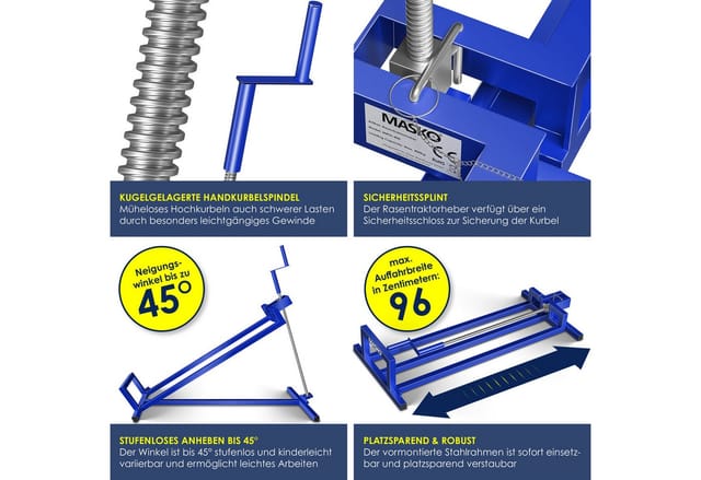 MASKO® XXL Rasentraktorheber 450 kg Hebevorrichtung Hebebühne Aufsitzmäher Reinigungshilfe universal, Rasentraktor-Heber, Rasentraktor +45° Neigung verstellbar inkl. Bürste