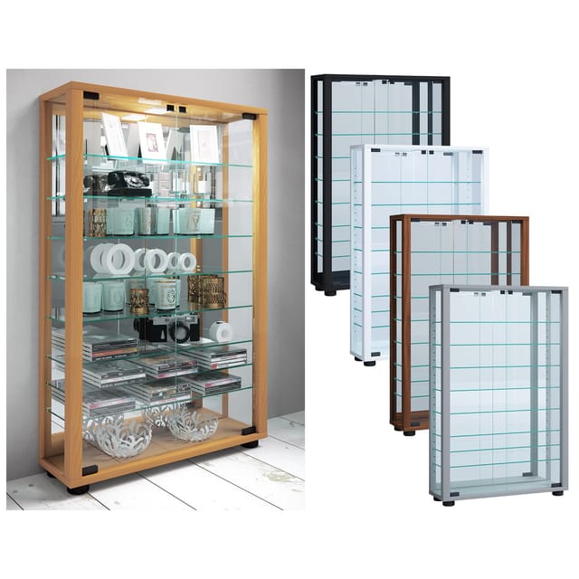 VCM Glasvitrine stehend Vitrine Glas mit ESG-Sicherheitsglas Maße ca. H. 91 x B. 59 x T. 18 cm Standvitrine Glas Modern und platzsparend Glas Vitrinenschrank – Lumo Mini Spiegel