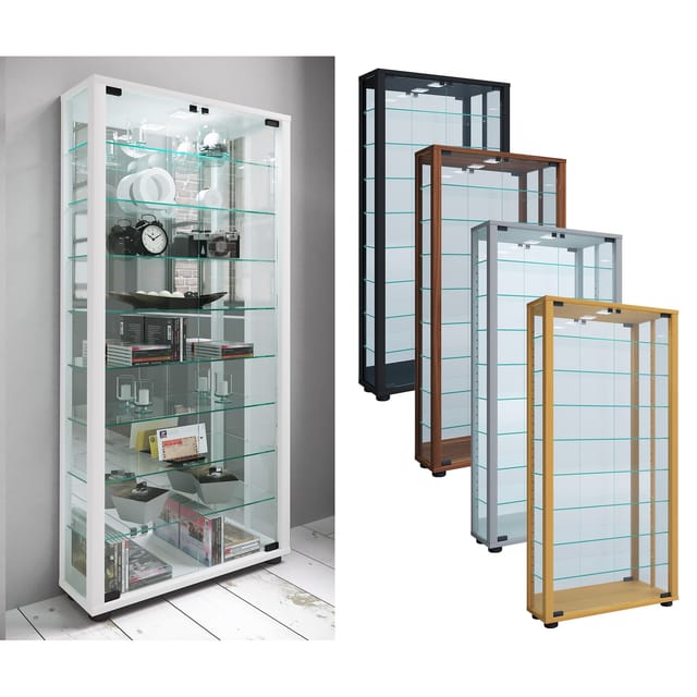 VCM Glasvitrine stehend Vitrine Glas mit ESG-Sicherheitsglas Maße ca. H. 115 x B. 59 x T. 18 cm Standvitrine Glas Modern und platzsparend Glas Vitrinenschrank – Lumo Maxi Spiegel