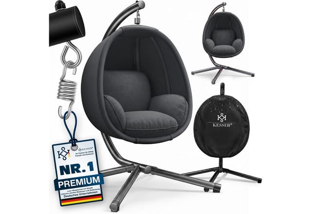 KESSER® Luxe Hängesessel mit Gestell + weicher Sitzkissen, Seitenpolsterung, Sitz- und Rückenkissen Hängekorb Indoor & Outdoor, Garten Schaukel Korb Hängestuhl Stabiler Standfuß, max. 150 kg