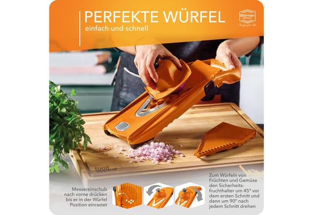 Börner V5 PowerLine Plus Set Gemüsehobel , Obst- & Gemüseschneider mit Fruchthalter , Scheibeneinschub , Sparschäler , 10 Schnittarten , 6 tlg. Set , Orange