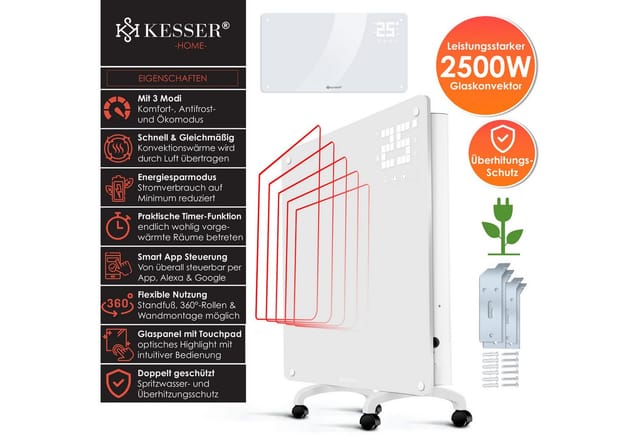 KESSER® Glaskonvektor Glasheizung Elektroheizkörper APP WiFi Funktion Inkl. Fernbedienung Elektroheizung Stand- oder ? Wand Heizung Heizkörper ?Touchscreen ? LCD-Display ? Timer 2500 Watt