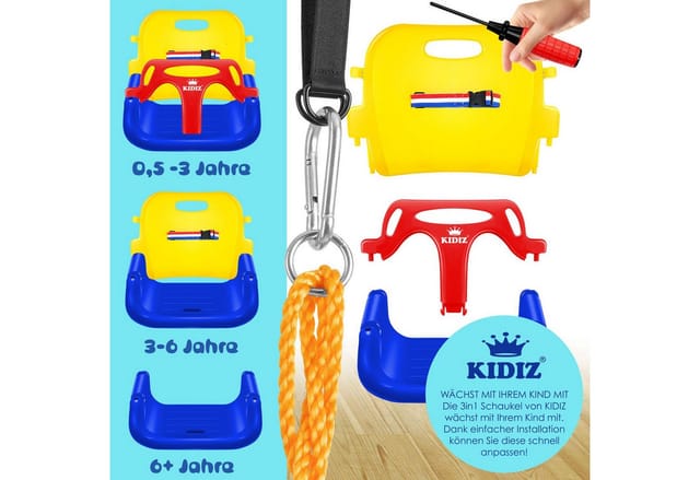 KIDIZ® Babyschaukel Kinderschaukel 3 in 1 Babysitz verstellbar Mitwachsend Schaukelsitz Gartenschaukel für Baby Kinder mit Rückenlehne und Anschnallgurt belastbar bis 100kg Indoor Outdoor