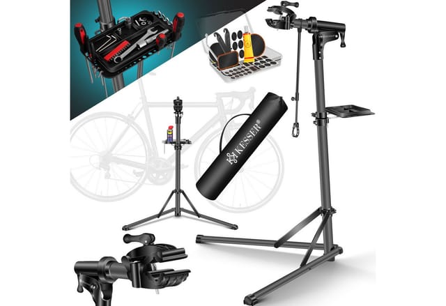 KESSER® Fahrradmontageständer Profi Reparaturständer Aluminium für Fahrräder Mountainbikes E-bike Schwerlast-Montageständer Fahrradständer +Tasche mit Schnelllösevorrichtungen Klemmkopf 360° drehbar