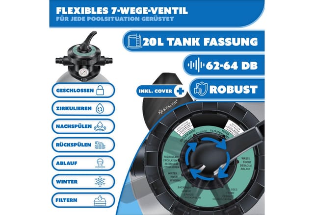 KESSER® Sandfilteranlage Sandfilter + 800g Filterbälle ersetzen 25kg Filtersand 7-Wege Ventil mit Druckanzeige Poolfilter 10 m³/h Filteranlage Filterkessel für Pool Schwimmbecken 10.200 L/h
