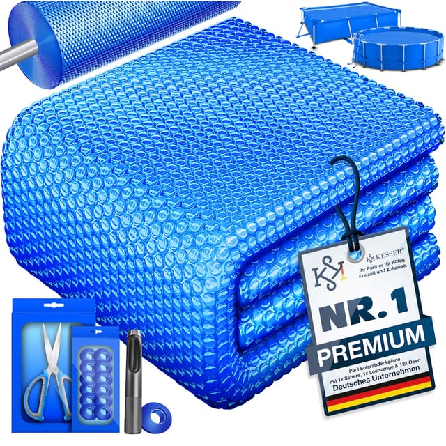 KESSER® Pool Solarabdeckplane Solarfolie Stärke 120µm Solarabdeckung Solarplane zuschneidbar Poolsolarplane Solar Folie inkl. 1x Schere, 1x Lochzange & 12x Ösen Poolheizung für Wassererwärmung