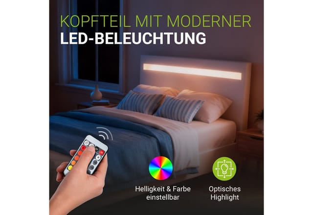Juskys Polsterbett Paris 90x200 cm weiß mit Matratze – Einzelbett + LED-Beleuchtung & Lattenrost
