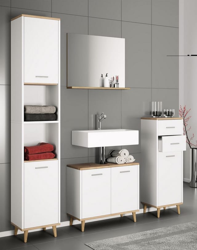 VCM Badmöbel Midischrank Seitenschrank Maße: H. 97 x B. 32 x T. 28 cm 2 Schubladen 1 Drehtür 2 Fächer – Landos