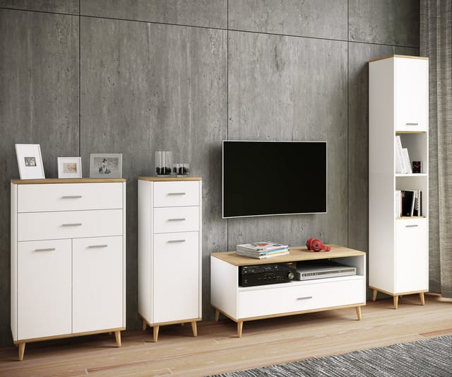 VCM Badmöbel Midischrank Seitenschrank Maße: H. 97 x B. 60 x T. 28 cm 2 Schubladen 2 Drehtüren 2 Fächer - Landos
