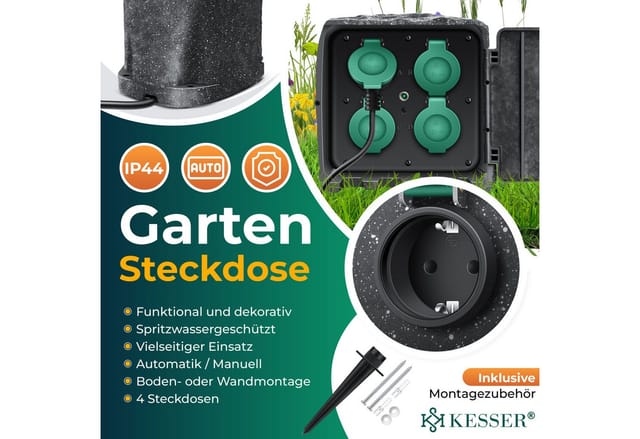 KESSER® Gartensteckdose Steinoptik mit 4 Steckplätzen - mit WiFi Funktion Steuerung per App - Inkl.Erdspieß, Mehrfachsteckdosen aussen mit 3m Verlängerungskabel Außensteckdose IP44 Dämmerungssensor