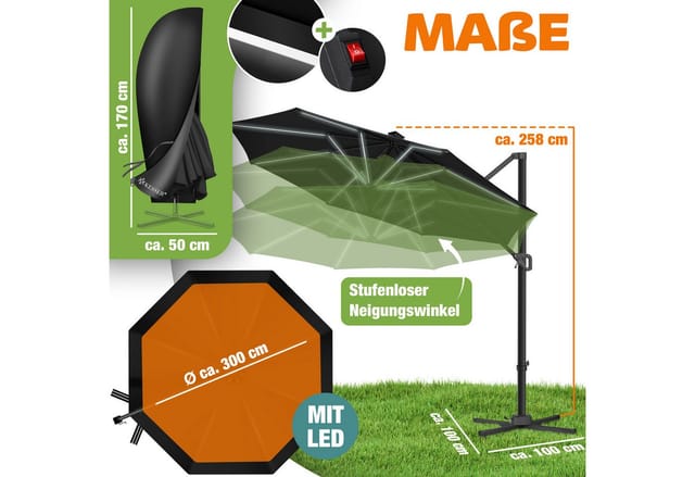KESSER® Sonnenschirm Ampelschirm SUN Rund XL Ø330 cm Inkl. Windschtzseile & Abdeckung 7-Fach Verstellbar Drehbar Neigbar Kippbar Groß 360° Drehbar Gartenschirm mit Kurbel Sonnenschutz UV50+
