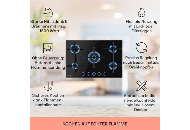 Illuminosa 5 Gaskochfeld 5-flammig Sabaf-Brenner Glaskeramik