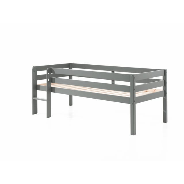 Kojen-Spielbett mit Liegefläche 90 x 200 cm, inkl. Leiter und Rolllattenrost, Kiefer massiv grau lackiert