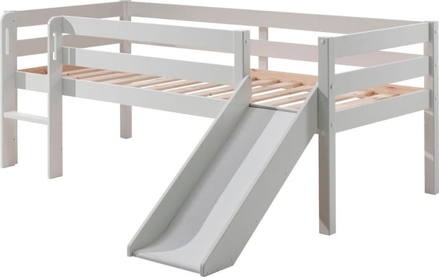 Kojen-Spielbett mit Liegefläche 90 x 200 cm, inkl. Leiter, Rutsche und Rolllattenrost, Kiefer massiv weiß lackiert