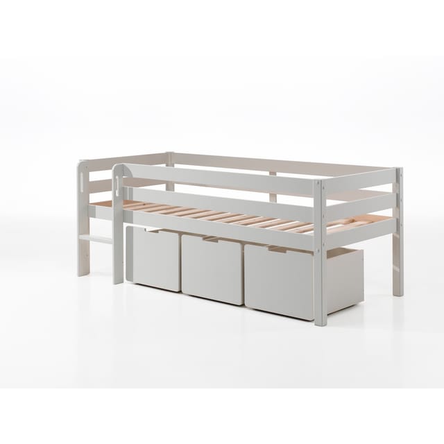 Kojen-Spielbett mit Liegefläche 90 x 200 cm, inkl. Leiter, Rolllattenrost und 3 Schubkästen, Kiefer und MDF weiß lackiert