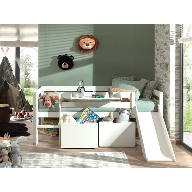 Kojen-Spielbett mit Liegefläche 90 x 200 cm, inkl. Leiter, Regal, Rutsche, Rolllattenrost und 2 Schubkästen, Kiefer und MDF grau lackiert