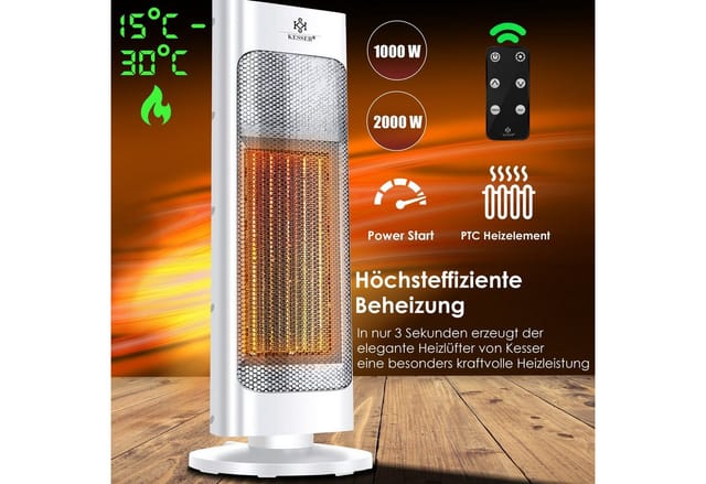KESSER® Heizlüfter mit Fernbedienung energiesparend leise 2000W Keramik Heizstrahler Standheizstrahler 15-30°C - Schnellheizer mit 80° Oszillationsfunktion 24h Timer Heizung Turmheizstrahler