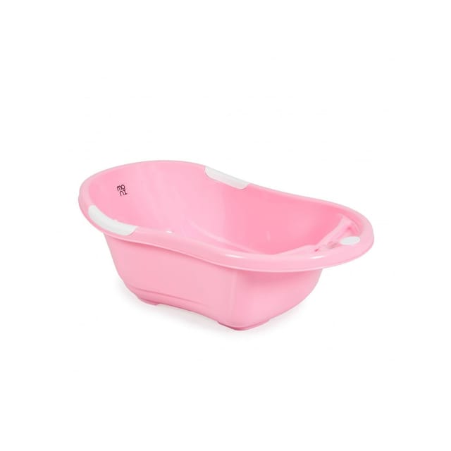 Babybadewanne Lilly platzsparend mit Wasserablauf, Ablagefächer für Zubehör rosa