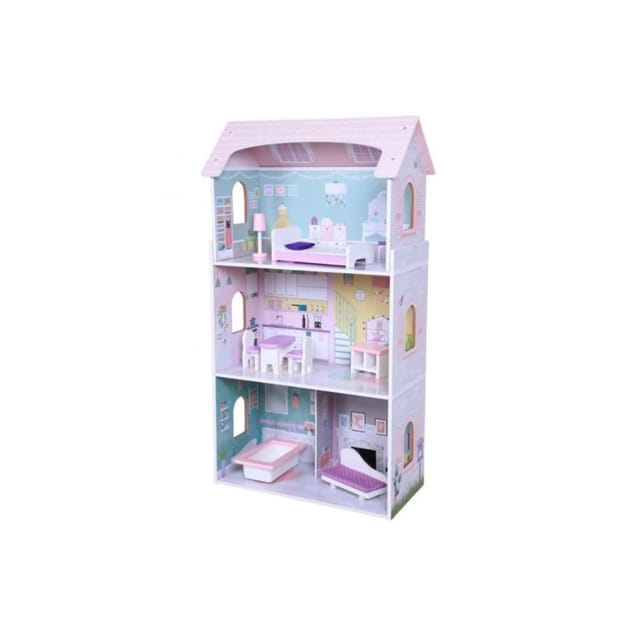 Moni Holz-Puppenhaus Anna 4121, 8-tlg. Möbelset, 3 Etagen, verschiedene Räume rosa